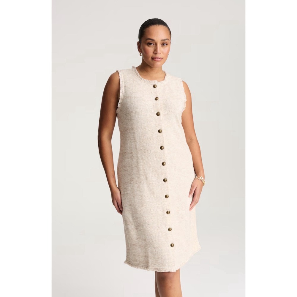 J. Jill Tweed Mix Sleeveless Dress Barley Khaki M Petite Button Front Midi NWT